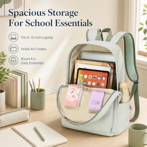 Bluboon School Backpack for Teen Girls Women Laptop Backpack College Bookbags Middle School Travel Work Commuter Back Pack - color: Green & White Striped