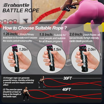 Battle Rope 1/1.26/1.5/2 Inch Diameter,Pink 30FT/40FT/50FT Exercise Workout Ropes for Home Gym Heavy Weighted Training Rope for Working Out - style: 1.5 inch 30ft-Red