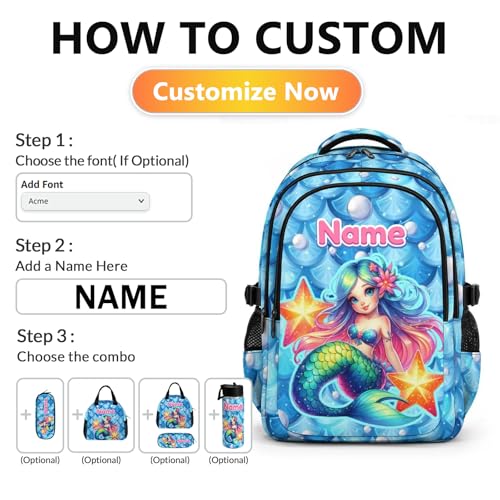 Personalized Girls Backpack Custom Mermaid Backpacks for Kids Back to School, Durable 17 Inch Schoolbags with Name for School Travel Picnic - color: Blue