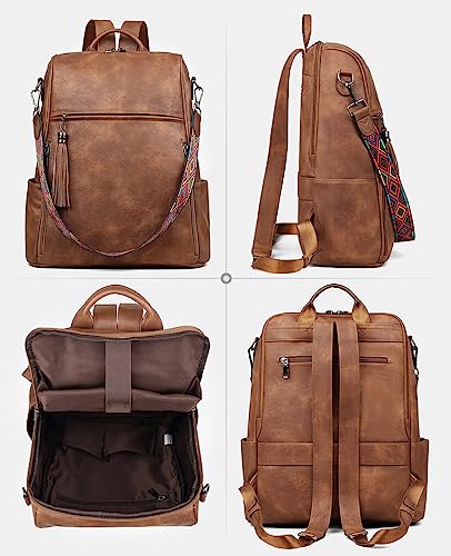 FADEON Leather Laptop Backpack for Women Designer 15.6 inch PU Laptop Bag, Ladies Travel Computer Work Backpack Brown - color: 1 Brown Retro Style