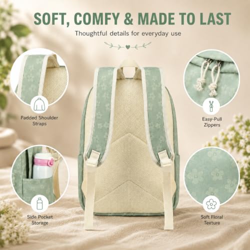 LEDAOU Backpack for Teen Girls Lightweight Kids Bookbag for Elementary Middle High School College Women Laptop Casual Daypack (Green Flowers) - color: Green Flowers