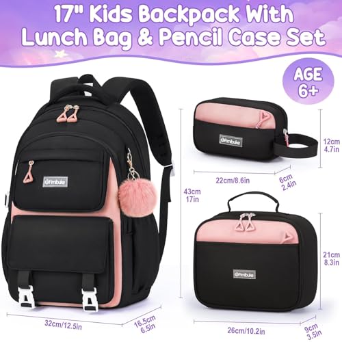 Fimibuke Backpacks for Girls, 3 PCS Waterproof School Backpack with Lunch Box & Pencil Pouch for Kids Teen Girl, Cute Bookbag School Bag for Elementary Middle High School Student Ages 6+(Black & Pink) - color: Black & Pink