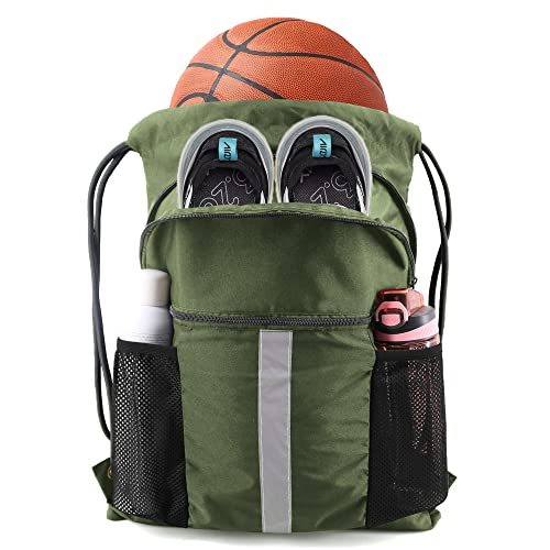 BeeGreen Drawstring Backpack Bag with Shoe Compartment, X-Large Black Gym Sports String Cinch Backpack - color: Moss Green