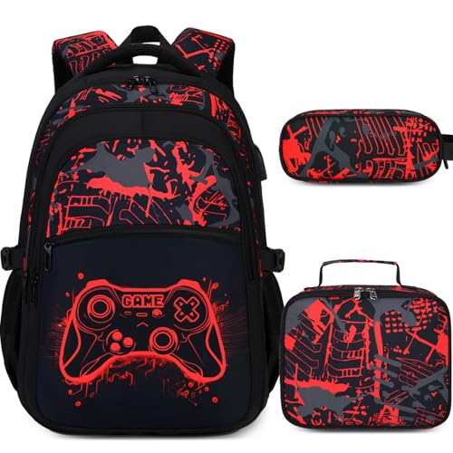 DIGOBAY Boys Backpack for School, 3PCS Cool Luminous Gamer Backpack for Boys with Lunch Box Pencil Case, Kids Backpacks Bookbag for Teen Boy Elementary Middle High School with USB Charging Port - color: Red
