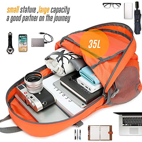 35L Lightweight Packable Backpack Waterproof Durable Hiking Travel Backpack Daypack - color: Orange