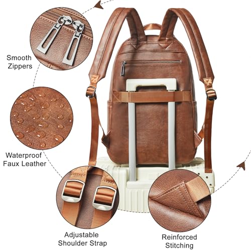 LATMAP Vegan Leather Backpack 17Inch Laptop Backpack for Women Travel Brown | Large capacity, laptop compartment, water-resistant, easy to wipe clean, TSA-friendly, with luggage strap & pickpocket-proof - color: Brown