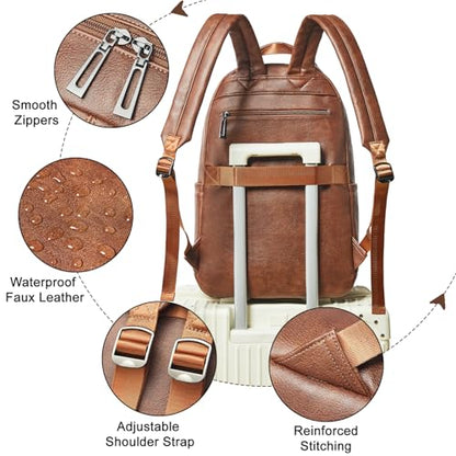 LATMAP Vegan Leather Backpack 17Inch Laptop Backpack for Women Travel Brown | Large capacity, laptop compartment, water-resistant, easy to wipe clean, TSA-friendly, with luggage strap & pickpocket-proof - color: Brown