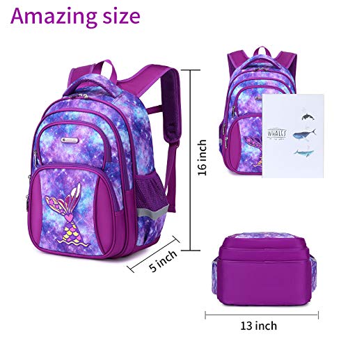 Cusangel Backpack for Girls Boys School Bookbags Kindergarten Elementary Lightweight Waterproof Multifunctional Large Capacity for Backpack (16 inch Fun Prints) - color: Purple Mermaid 16in