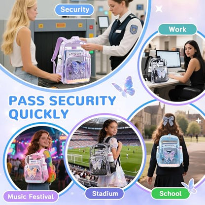 MUSEVOS Clear Backpack for School, Clear Bookbag for Girls PVC Heavy Duty Transparent Backpack, Blue Butterfly - color: Blue