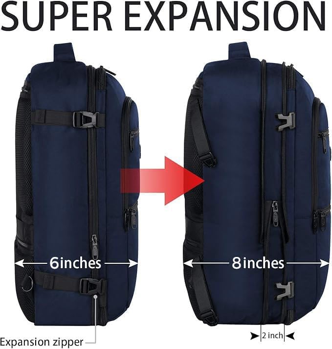 Vancropak Carry on Backpack, 40L Expandable Travel Backpack for Airplane | Flight Approved Business Bag, Lightweight Weekender Bag, Water Resistant Daypack, Adjustable Strap, Hidden Shoulder Strap - color: Blue, size: X-Large