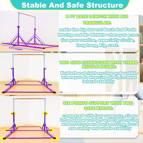 Marfula Gymnastic Bar For Kid and Teenage of 3-25, 5Ft/8 FT Base Length 4Ft Width 5Ft Adjust Height, Gymnastic Kip Bar For Gymnast, Gymnastic Training Equipment For Professional Training Home Club Use - color: Purple (New Style - 8 Ft Base)