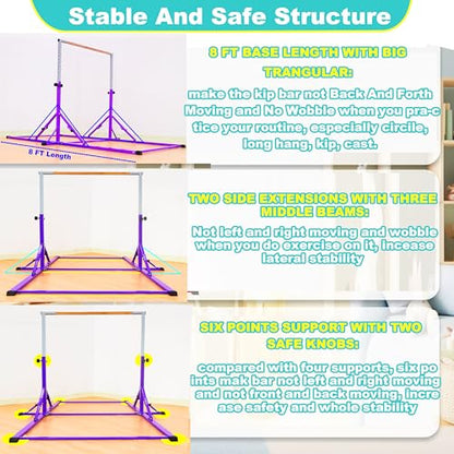 Marfula Gymnastic Bar For Kid and Teenage of 3-25, 5Ft/8 FT Base Length 4Ft Width 5Ft Adjust Height, Gymnastic Kip Bar For Gymnast, Gymnastic Training Equipment For Professional Training Home Club Use - color: Purple (New Style - 8 Ft Base)