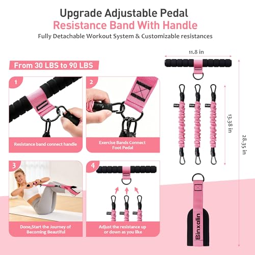 Upgraded Multifunction Pedal Resistance Band with Handle, 3 Tube Adjustable Resistance Bands for Abdomen, Waist, Arm, Core/ABS, Leg Workout Sit Up Exercise Equipment for Women
