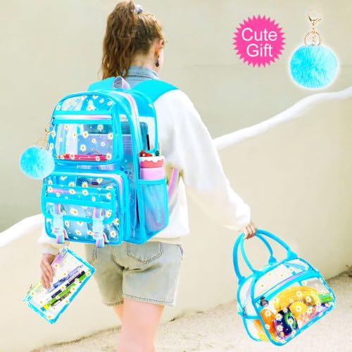 KLFVB Clear School Backpack Heavy Duty, 3PCS Girls See Through Bag Set, Cute Transparent Bookbag for Women - Chrysanthemum Sky Blue - color: Chrysanthemum Sky Blue Clear Backpack