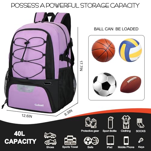 Goloni 40L Basketball Bag,Large Basketball Backpack with Ball Compartment & Shoe Compartment,Backpack for Soccer,Volleyball - color: Purple