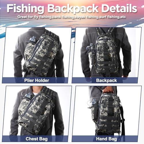 RoundFunny 85 Pcs Fishing Backpack with Tackle Boxes, Tackle Sling Bag with Rod Holder, Fish Lures and Pliers, Fish Tools Gears & Equipment Father's Day Fishing Gift for Dad Men - color: Jungle Camouflage