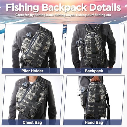 RoundFunny 85 Pcs Fishing Backpack with Tackle Boxes, Tackle Sling Bag with Rod Holder, Fish Lures and Pliers, Fish Tools Gears & Equipment Father's Day Fishing Gift for Dad Men - color: Jungle Camouflage