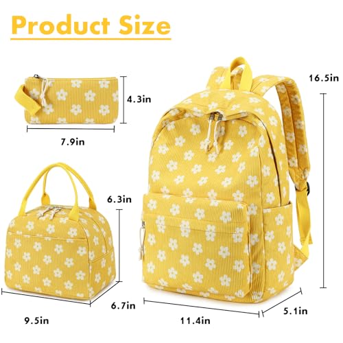 Bluboon School Backpack Set Girls Womens Laptop Bookbag Casual Daypack Fits 15 inch Laptop with Lunch Tote Bag and Pencil Bag - color: Flower 95 Yellow
