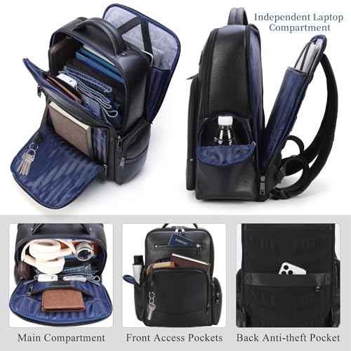 Masa Kawa Black Leather Business Travel Laptop Backpack for Men Fits 15.6" 16" Computer Office Work Commuting Executive Bag Waterproof Daypack