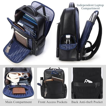 Masa Kawa Black Leather Business Travel Laptop Backpack for Men Fits 15.6" 16" Computer Office Work Commuting Executive Bag Waterproof Daypack