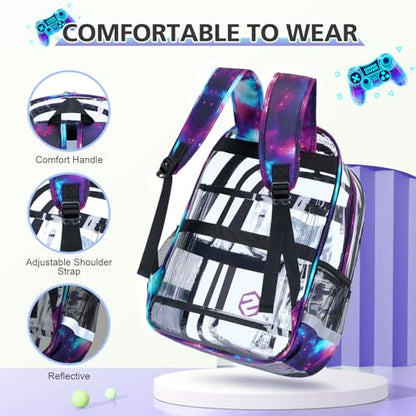 DIGOBAY 3PCS Cool Luminous Clear Backpack for Boys Kids, Gamer Clear Bookbag for School, See Through PVC Transparent Backpacks with Lunch Bag Pencil Case, Backpack Heavy Duty for School Stadium - color: Black-purple Galaxy