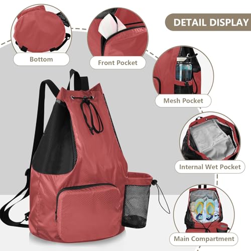 ODAWA Gym Bags for Men Backpack Titian Red Drawstring Backpacks with Pockets for Gym - color: Titian Red