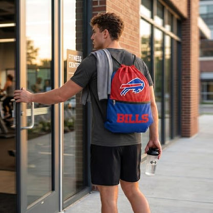 FOCO Buffalo Bills Big Logo Drawstring Backpack with Zippered Pocket – Limited Edition Bills Bag – NFL Gear – Show Your Team Spirit with Officially Licensed Baltimore Ravens Fan Gear - color: Buffalo Bills