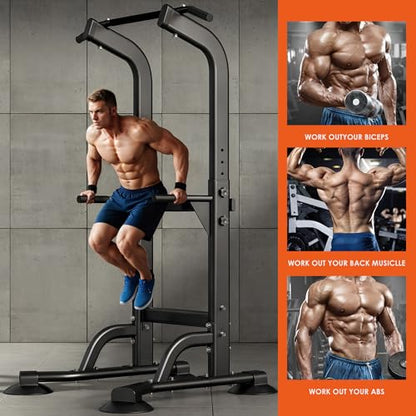 SogesPower Power Tower Dip Station Pull Up Bar for Home Gym Adjustable Height Strength Training Workout Equipment,Pull Up Bar Station - color: Black