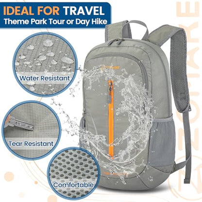 ZOMAKE Ultra Lightweight Packable Backpack 25L, Foldable Hiking Backpacks Water Resistant Small Folding Daypack for Travel(Silver Grey with Orange Zipper) - color: Silver Grey With Orange Zipper