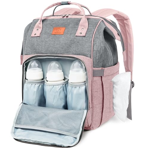 KeaBabies Baby Diaper Bag Backpack - Large Baby Bag for Boys, Girls, Waterproof Multi Function Travel Diaper Backpack with Changing Pad, Durable Travel Essentials for Moms and Dads (Pink Gray) - color: Pink Gray