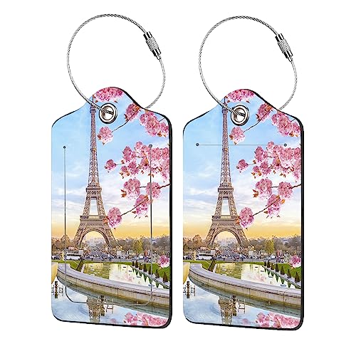 2 Pack Luggage Tags for Suitcases,Eiffel Tower in the Spring Morning Luggage Tag,PU Leather Id Label Luggage Tags with Stainless Steel Loop and Privacy Cover for Women Men Teens Travel - color: Eiffel Tower