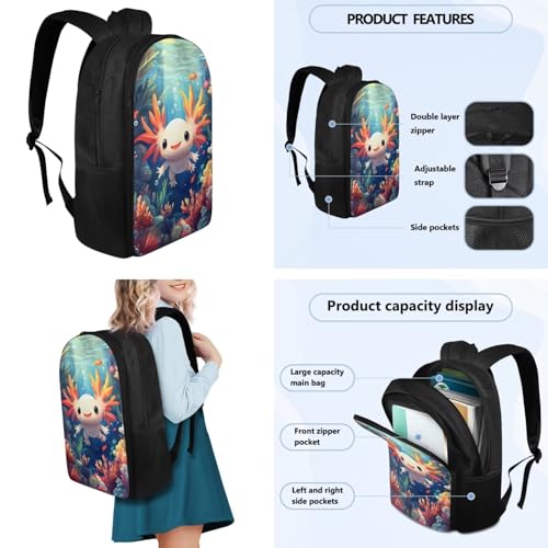 Flashideas Cute Axolotl Backpack for Girls Boys Backpack with Lunch Box Insulated Water Bottle and Water Bottle Sleeve 4Pcs Set 17" Bookbag with Compartments Lightweight School Bag for Kids Elementary - color: Axolotl-5