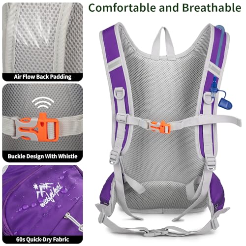 Hydration Backpack with 2L Water Bladder - 20L Water Backpack for Hiking, Cycling, Running, Biking, Lightweight Hiking Pack Bag for Women & Men with Trekking Pole Holders - color: purple with 2L water bladder