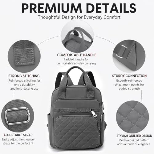 Small Backpack for Women Casual Quilted Square Bag Waterproof Multi Pockets Daypack Lightweight Top Handle Satchel - color: Grey