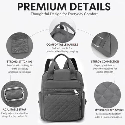 Small Backpack for Women Casual Quilted Square Bag Waterproof Multi Pockets Daypack Lightweight Top Handle Satchel - color: Grey