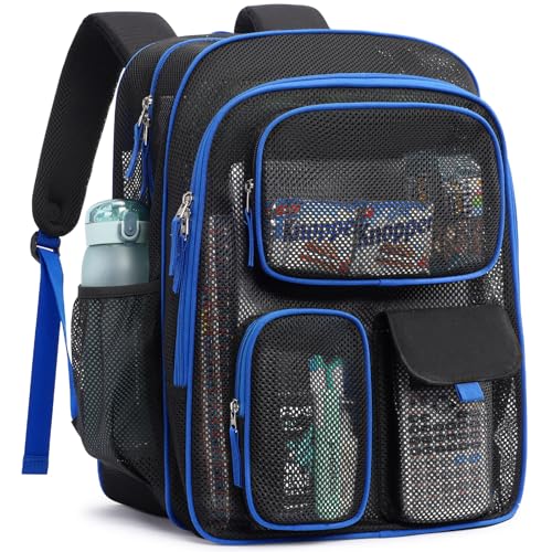 PACKISM Mesh Backpack for School - 18 Inch Extra Large Heavy Duty Mesh Bookbag for Boys, See Through School Backpack with 3 Front Pockets for Students, Black and Blue Colorblock (Age 12+) - color: Black and Blue Colorblock, style: 18“ Pro Series (3 Front