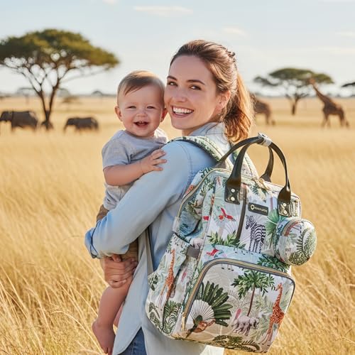 Tropical Rainforest Diaper Bag Backpack,Animal Nappy Backpack with Coin Bag USB Charging Port Stroller Straps and Insulated Pocket For Women/Mom/Travel (Animal Pattern) - color: White