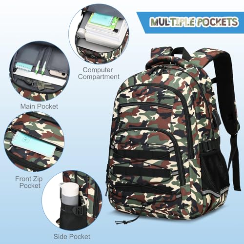 ACESAK Camo Backpack for Boys, Tactical Kids Backpack Boys, School Bags for Boy Children Teens Kids Elementary Middle High School, Military Bookbag and Lunch Bag Pencil Case Set with USB Charging Port - color: Brown Camo