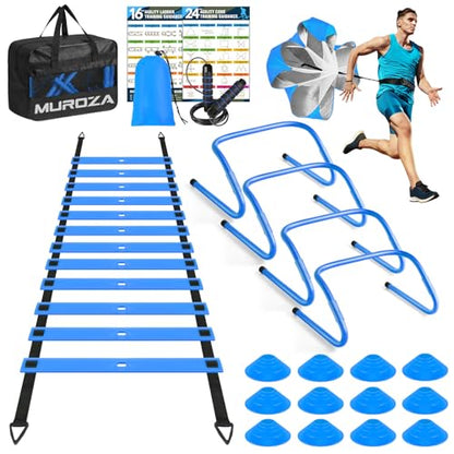 MUROZA Agility Ladder, Agility Speed Training Equipment Set, 20ft Speed Ladder, 12 Soccer Cones, 4 Hurdles, Jump Rope, Running Parachute, Soccer Football Basketball Training Equipment Accessories - color: Blue