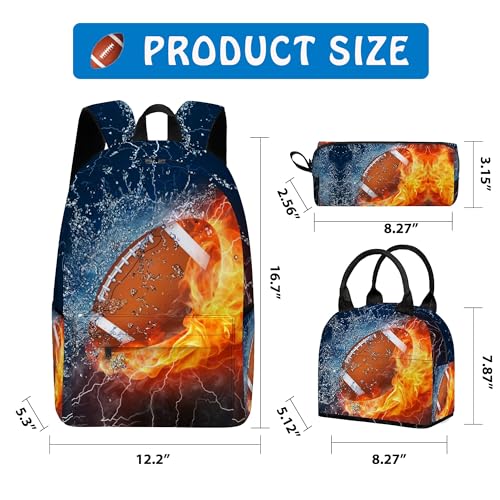 3PCS Backpack for Boys Girls, Kids Football Back to School Backpack Sets with Lunch Bag Pencil Case, 17 Inch Lightweight Bookpack 3 in 1 Set for Teens Elementary Middle High School Students - color: Water Fire Football