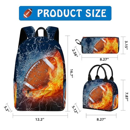 3PCS Backpack for Boys Girls, Kids Football Back to School Backpack Sets with Lunch Bag Pencil Case, 17 Inch Lightweight Bookpack 3 in 1 Set for Teens Elementary Middle High School Students - color: Water Fire Football