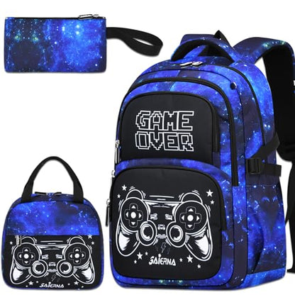 3PCS Kids Backpack Set, School Backpack with Lunch Bag & Pencil Case, Lightweight Waterproof Bookbag for Kids (Gamer Starry Blue) - color: Gamer Starry Blue