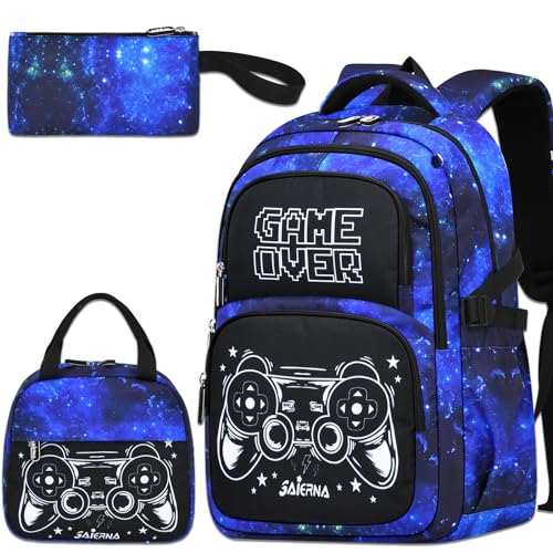 3PCS Kids Backpack Set, School Backpack with Lunch Bag & Pencil Case, Lightweight Waterproof Bookbag for Kids (Gamer Starry Blue) - color: Gamer Starry Blue