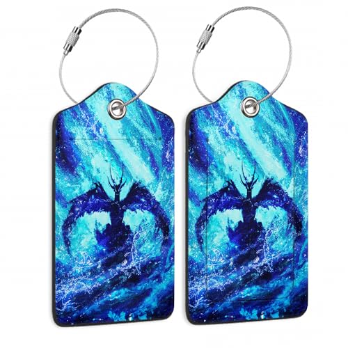 2 Pack Luggage Tag for Suitcases Blue Dragon Glowing PU Leather Bag Travel Suitcase ID Identifier Baggage Tags for Women Men Travel - color: Blue Dragon Water Glowing