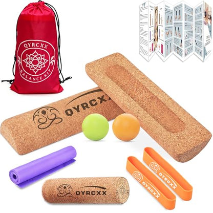 Cork 4-in-1 Balance Board Kit with Massage Roller & Ball, Toe Resistance Bands, Storage Bag & Exercise Guide - Plantar Fasciitis Recovery, Physical Therapy, Prevent Falls & Enhance Mobility