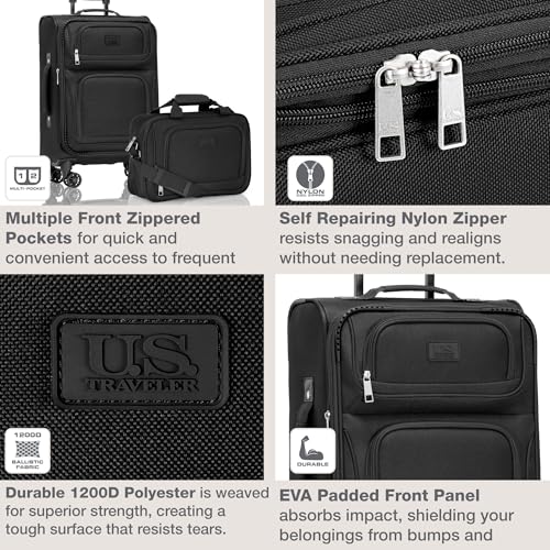 U.S. Traveler Rio Lightweight Softside Rolling Carry-on Suitcase, 4-Wheel Set, Black - color: Black, size: 22"/14"