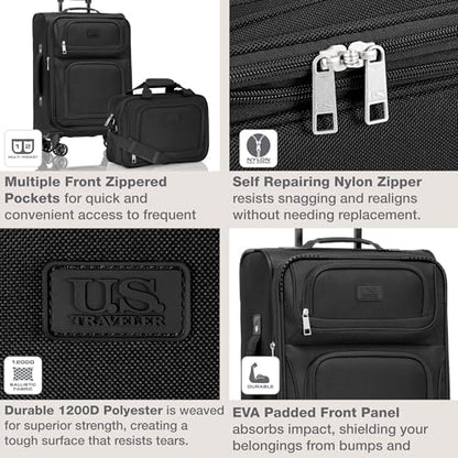 U.S. Traveler Rio Lightweight Softside Rolling Carry-on Suitcase, 4-Wheel Set, Black - color: Black, size: 22"/14"