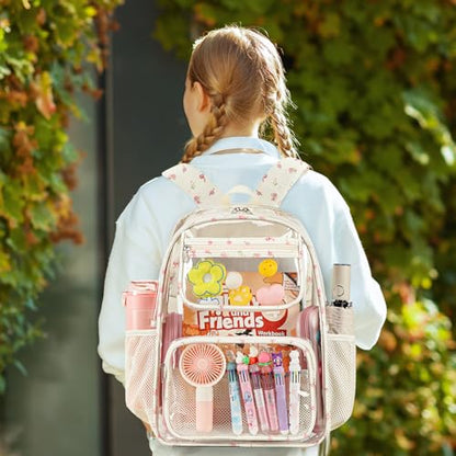 Bluboon Clear Backpack Heavy Duty Kids Boys Clear Bookbag See Through Backpacks with Pencil Case for College Work - color: Pink Bow 212-beige