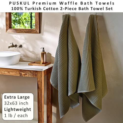 PÜSKÜL Natural 100% Turkish Cotton Waffle Bath Towels Set of 2-Piece | 32x63 inch Extra Large Absorbent Quick-Dry Lightweight Spa Towel | Honeycomb Weave Towel (Khaki Green Bath Towels - Pack of 2) - color: Khaki Green