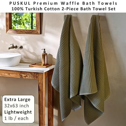 PÜSKÜL Natural 100% Turkish Cotton Waffle Bath Towels Set of 2-Piece | 32x63 inch Extra Large Absorbent Quick-Dry Lightweight Spa Towel | Honeycomb Weave Towel (Khaki Green Bath Towels - Pack of 2) - color: Khaki Green